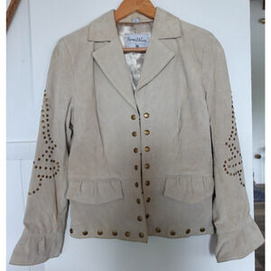 Vintage Pamela McCoy Leather Jacket Womens XS Beige Suede Studded Snap Up Ruffle